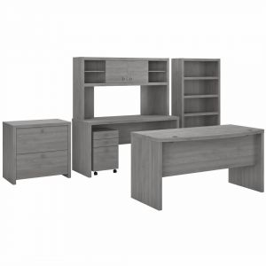 Echo 60w Bow Front Desk With Credenza, Hutch And Storage In Modern Gray