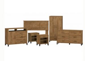 Somerset Bedroom Headboard, 6 Drawer Dresser, Nightstands, Armoire, and Media Chest in Fresh Walnut