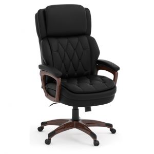 Officesource Charleston Collection Executive High Back, Tufted Seat And Back With Plastic Wooden Arms And Base, Black Antimicrobial Vinyl