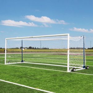 U90 Portable World Cup Soccer Goal; 8x24; White W/ Navy Blue Net Posts