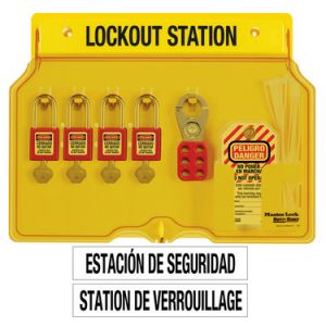 Wall Mounted Lockout Station Spanish/english 4-lock Station. 410red Zenex™ Thermoplastic Padlocks.