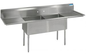 High Quality 2 Compartment Sink, 18" Drainboards, 18 gauge T304 Stainless Steel, 72"W x 2313/16"D, Bowl size 18"W x 12"D x 18"H