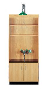 Shower/ Eyewash Station, Almond Plastic Laminate Top, 36"W x 22"D x 84"H, Oak