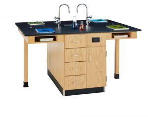4 Student Island Workstation With Drawers and Door, Epoxy Resin, 66"W x 48"D x 36"H,Oak