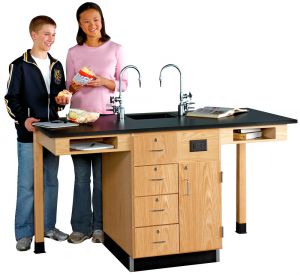 2 Student Island Workstation With Drawers And Door,Oak, Epoxy Resin, 66W X 30D X 36H