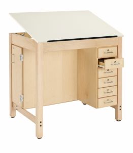 Drawing Science Lab Table With 1 Piece Top, 6 Drawers And Board Storage, Almond Plastic Laminate Top, 42"w X 30"d X 39-3/4"h