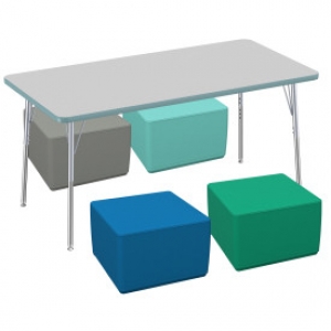 30 X 60in Rectangle Contour Activity Table With Standard Swivel Legs And Square Ottomans 12in Height, 5piece Set