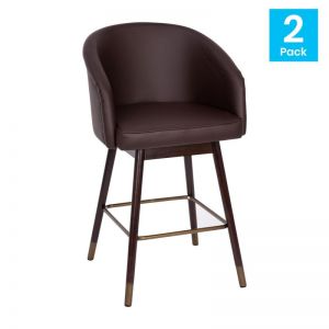 Margo 26" Commercial Mid-back Modern Counter Stool, Walnut Finish Beechwood Legs And Contoured Back, Brown Leathersoft/bronze Accents - Set Of 2