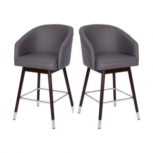 Margo 26" Commercial Mid-back Modern Counter Stool, Walnut Finish Beechwood Legs And Contoured Back, Gray Leathersoft/bronze Accents - Set Of 2