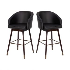 Margo 30" Commercial Grade Mid-back Modern Barstool With Walnut Finish Beechwood Legs And Curved Back, Black Leathersoft/bronze Accents-set Of 2