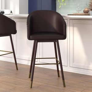 Margo 30" Commercial Grade Mid-back Modern Barstool With Walnut Finish Beechwood Legs And Curved Back, Brown Leathersoft/bronze Accents-set Of 2