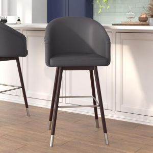 Margo 30" Commercial Grade Mid-back Modern Barstool With Walnut Finish Beechwood Legs And Curved Back, Gray Leathersoft/bronze Accents-set Of 2