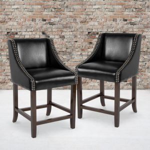 Carmel Series 24" High Transitional Walnut Counter Height Stool With Nail Trim In Black Leathersoft, Set Of 2