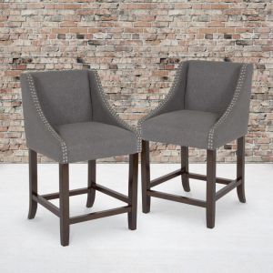 Carmel Series 24" High Transitional Walnut Counter Height Stool With Nail Trim In Dark Gray Fabric, Set Of 2