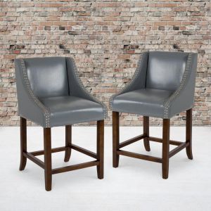 Carmel Series 24" High Transitional Walnut Counter Height Stool With Nail Trim In Light Gray Leathersoft, Set Of 2