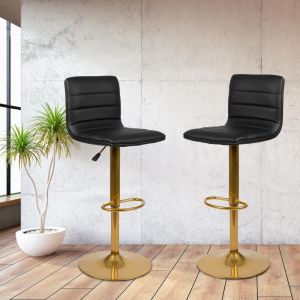 Vincent Modern Black Vinyl Adjustable Bar Stool With Back, Counter Height Swivel Stool With Gold Pedestal Base, Set Of 2