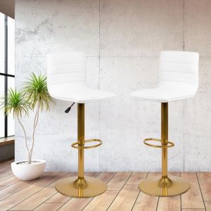Vincent Modern White Vinyl Adjustable Bar Stool With Back, Counter Height Swivel Stool With Gold Pedestal Base, Set Of 2