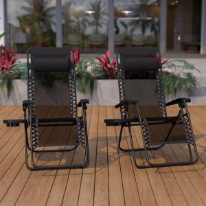 Celestial Adjustable Folding Mesh Zero Gravity Reclining Lounge Chair With Pillow And Cup Holder Tray In Black, Set Of 2