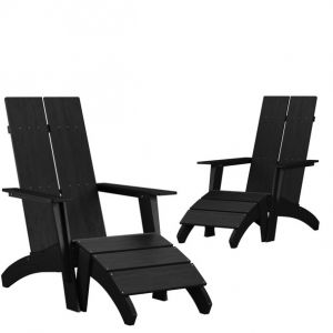 Set Of 2 Sawyer Modern All-weather Poly Resin Wood Adirondack Chairs With Foot Rests�in Black