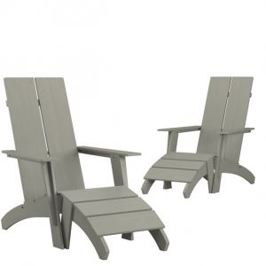 Set Of 2 Sawyer Modern All-weather Poly Resin Wood Adirondack Chairs With Foot Rests in Gray