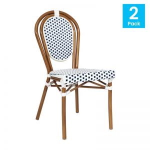 2 Pack White/navy Pe Rattan Bistro Stacking Chairs