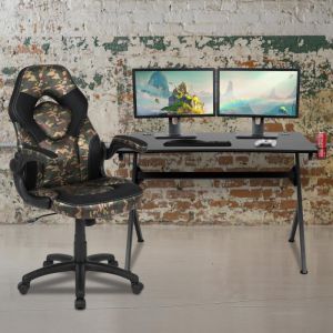 Optis Black Gaming Desk And Camouflage/black Racing Chair Set With Cup Holder, Headphone Hook & 2 Wire Management Holes