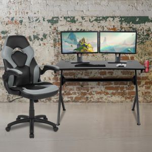 Optis Black Gaming Desk And Gray/black Racing Chair Set With Cup Holder, Headphone Hook & 2 Wire Management Holes