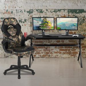 Optis Gaming Desk And Camouflage/black Racing Chair Set /cup Holder/headphone Hook/removable Mouse Pad Top - 2 Wire Management Holes