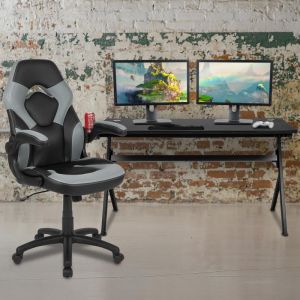 Optis Gaming Desk And Gray/black Racing Chair Set /cup Holder/headphone Hook/removable Mouse Pad Top - 2 Wire Management Holes