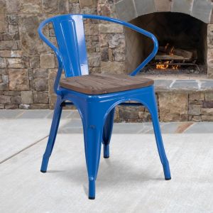 Luna Blue Metal Chair With Wood Seat And Arms