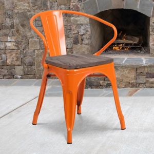 Luna Orange Metal Chair With Wood Seat And Arms