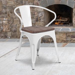 Luna White Metal Chair With Wood Seat And Arms