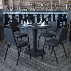 Carlton 36'' Round Black Laminate Table Set With X-base And 4 Black Trapezoidal Back Banquet Chairs