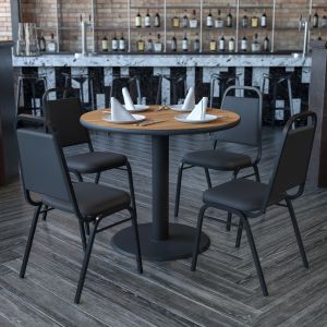 Carlton 36'' Round Walnut Laminate Table Set With X-base And 4 Black Trapezoidal Back Banquet Chairs