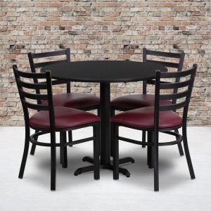 Carlton 36'' Round Black Laminate Table Set With X-base And 4 Ladder Back Metal Chairs - Burgundy Vinyl Seat