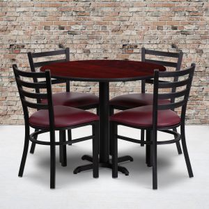 Carlton 36'' Round Mahogany Laminate Table Set With X-base And 4 Ladder Back Metal Chairs - Burgundy Vinyl Seat