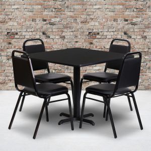 Carlton 36'' Square Black Laminate Table Set With X-base And 4 Black Trapezoidal Back Banquet Chairs