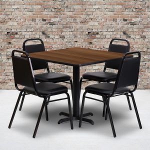 Carlton 36'' Square Walnut Laminate Table Set With X-base And 4 Black Trapezoidal Back Banquet Chairs