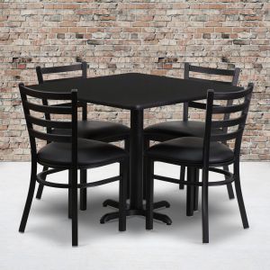 Carlton 36'' Square Black Laminate Table Set With X-base And 4 Ladder Back Metal Chairs - Black Vinyl Seat