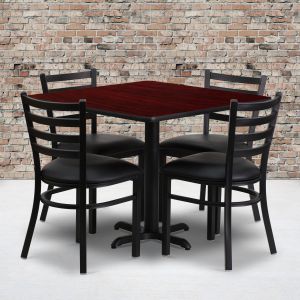 Carlton 36'' Square Mahogany Laminate Table Set With X-base And 4 Ladder Back Metal Chairs - Black Vinyl Seat