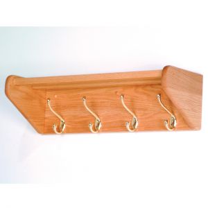 Wooden Mallet 4 Hook Shelf, Brass Hooks, Light Oak