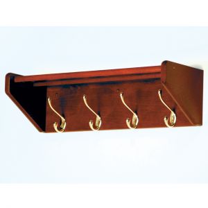 Wooden Mallet 4 Hook Shelf, Brass Hooks, Mahogany