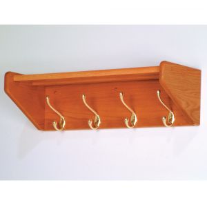 Wooden Mallet 4 Hook Shelf, Brass Hooks, Medium Oak